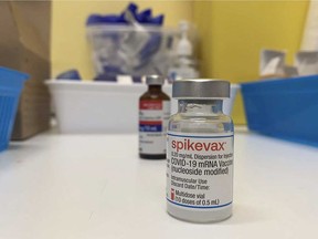 A vial of Spikevax - the new bivalent vaccine for COVID-19 developed by Moderna, now approved for use in Canada.