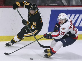The Sarnia Sting's Ethan Ritchie, left, battles for the puck against Windsor Spitfires' defenceman Nicholas De Angelis at the WFCU Centre.