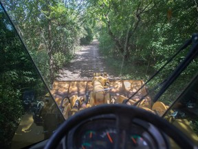 A front-end loader operator's view of a portion of the new recreation trail being constructed around Amherstburg's Libro Centre is shown Friday, Sept. 2, 2022.