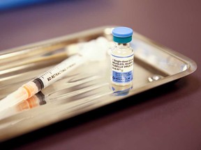 A vial of vaccine against measles, mumps, and rubella is shown in this 2019 file photo taken in Seattle, Washington.
