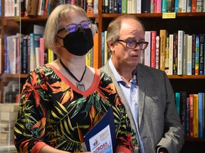Sarah Jarvis, president of Literary Arts Windsor, and Dan Wells, owner of Biblioasis BookShop, on Thursday, Oct. 6, 2022 for two announcements of provincial funding.