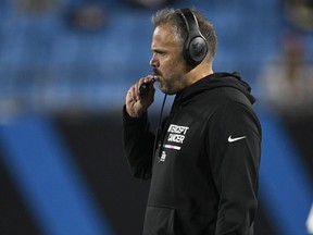 Head coach Matt Rhule of the Carolina Panthers on the sidelines during the second half of the game against the San Francisco 49ers at Bank of America Stadium on October 09, 2022 in Charlotte, North Carolina.