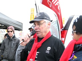 Phil Lyons, president of Canadian Union of Postal Workers Local 630 speaks during a roadside Day of Action rally at the Windsor Mail Processing Plant on Walker Road.