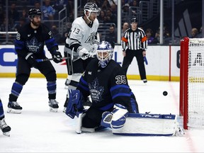 Ilya Samsonov #35 of the Toronto Maple Leafs gives up a goal against the Los Angeles Kings in the second period at Crypto.com Arena on October 29, 2022 in Los Angeles. California.