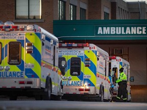 A line of ambulances at the Met Campus of Windsor Regional Hospital is shown in this January 2022 file photo.