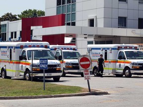 Essex-Windsor EMS ambulances wait outside Erie Shores HealthCare in Leamington in this 2020 file photo.