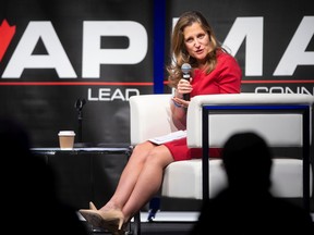 Deputy Prime Minister, Chrystia Freeland, has a fireside chat with APMA President, Flavio Volpe, at the 70th Annual APMA Conference at Caesars Windsor, on Wednesday, Oct. 19, 2022.