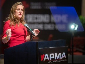 Deputy Prime Minister, Chrystia Freeland, addresses the 70th Annual APMA Conference at Caesars Windsor, on Wednesday, Oct. 19, 2022.