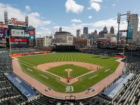 A wide view from high up behind home plate as Detroit Tigers starting pitcher Matthew Boyd pitches to Cleveland Indians second baseman Cesar Hernandez during the fifth inning on Opening Day at Comerica Park.