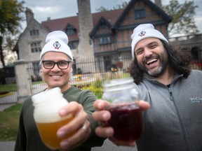 Cheers! Gino Gesuale, left, and Adriano Ciotoli, co-organizers for this year's Windsor Craft Beer Festival, are shown Wednesday, Oct. 12, 2022, with a pair of the many beers being offered this coming weekend at Willistead Park.