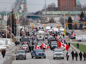 Occupiers block access to the Ambassador Bridge in Windsor on Feb. 10, 2022.