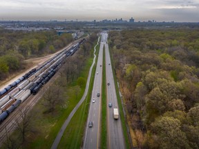 This aerial view of Ojibway Parkway, where a proposed wildlife crossing is being considered, is shown April 28, 2021.