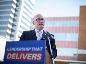 Mayoral candidate, Drew Dilkens, holds a press conference in the parking lot behind the Paul Martin Building to discuss the issue of downtown development, on Wednesday, Oct. 5, 2022.