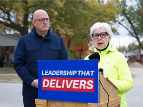 Ward 6 incumbent Coun. Jo-Anne Gignac and Drew Dilkens, Windsor's incumbent mayor, announce their commitment to better roads on Monday, Oct. 17, 2022.