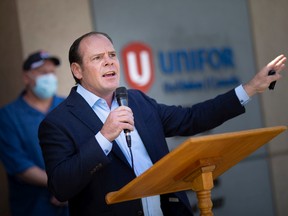 Essex MP Chris Lewis, shown June 12, 2020, speaking on the Employment Insurance system outside the Unifor offices on Somme Avenue in Windsor, has been appointed opposition critic for labour for the federal Conservative Party.