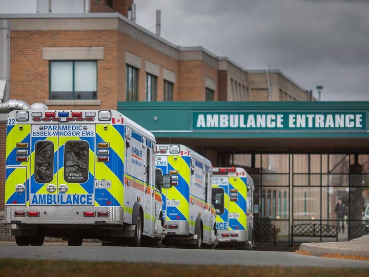  Essex-Windsor EMS ambulances wait at the emergency room entrance at Windsor Regional Hospital’s Met Campus on Oct. 17, 2022.