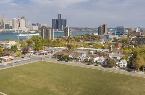 An aerial view of a portion of the former Grace hospital site, facing northeast towards downtown Detroit and showing the intersection at University Avenue West and Crawford Avenue, is shown on Wednesday. DAX MELMER/Windsor Star