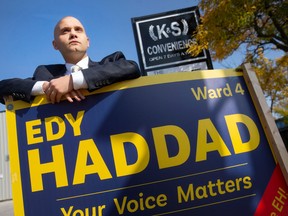 Ward 4 candidate, Edy Haddad, is pictured with one of his campaign signs on Friday, October 14, 2022.