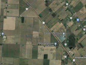 HIghway 3 between County Road 27 and Division Road (County Road 29) north of Kingsville is shown in this Google Maps satellite image.
