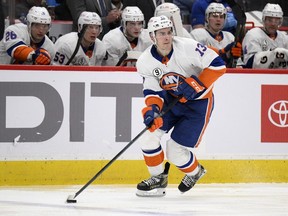 New York Islanders center Mathew Barzal in action during the second period of an NHL hockey game against the Washington Capitals, on April 26, 2022, in Washington.