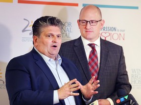 Windsor Regional Hospital president and CEO, David Musyj, left, and Windsor Mayor Drew Dilkens are shown during a Dec. 3, 2019, news conference regarding the Local Planning Appeal Tribunal's dismissal of CAMPP's appeal of the proposed mega-hospital location at County Road 42 and Concession 9. Both claim that opponents of that location are running in the municipal election.