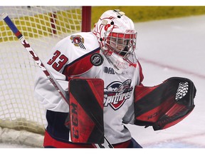 Goalie Joey Costanzo was named the game's first star with a 33-save effort on Friday to help the Windsor Spitfires to a 3-2 road win over the Guelph Storm.