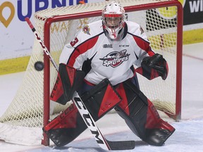 Windsor Spitfires' goalie Joey Costanzo made 35 saves in his debut with the club in a 3-2 overtime win over the Sault Ste. Marie Greyhounds on Monday.