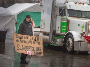 A protester and his sign in the occupation that blocked access to the Ambassador Bridge in Windsor on Feb. 11, 2022.