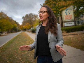 Windsor Ward 1 candidate, Darcie Renaud, announces her platform piece on how to achieve a safer neighbourhood, on Monday, Oct. 17, 2022.  Renaud is pictured outside Massey Secondary School where traffic congestion remains a problem.