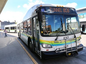 WINDSOR, ON.: JULY 21, 2015. A Transit Windsor tunnel bus is shown on Tuesday, July 21, 2015, at the bus station in downtown Windsor, ON. A 12-year-old Windsor girl was recently stopped by U.S. Customs officials after taking the bus in an attempt to run away from home. (DAN JANISSE/The Windsor Star) (For story by Trevor Wilhelm)