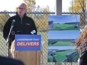 Windsor Mayor Drew Dilkens speaks during an election campaign press conference at the McHugh Park soccer complex on Friday, October 14, 2022.
