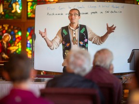 Mkomose (Andrew Judge) gives a talk entitled, From Corn to Climate Change: A Brief History of Anishinaabe and Haudenosaunee in Southwestern Ontario, as part of the Canterbury ElderCollege Speaker Series at Canterbury College, on Tuesday, Oct. 11, 2022.