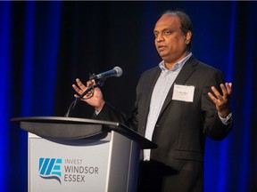 Arun Muthu, Director of USAC Technology Deployment with 3M Canada, gives the keynote address at the Emerging Technologies Conference at Caesars Windsor, on Wednesday, Oct. 26, 2022.