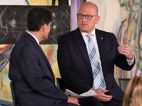 Steve Paikin, left, host of TVO Today Live interviews Windsor Mayor Drew Dilkens during a filming at the Art Gallery of Windsor on Sunday, October 30, 2022.