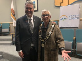 Leamington Mayor Hilda MacDonald and Tecumseh Deputy Mayor Joe Bachetti pose for photos on Nov. 23, 2022, after county council elections. Bachetti was elected deputy principal of Essex County. MacDonald made history by becoming the first woman to hold the position of district director.