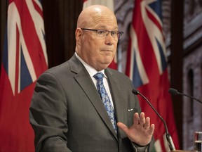 Steve Clark, Ontario’s Minister of Municipal Affairs and Housing speaks to journalists at Queen's Park in Toronto on Wednesday, November 16, 2022.