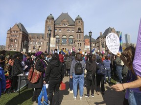 Thousands of demonstrators - concerned citizens, parents and union groups - showed up to Queen's Park and encircled the Legislature filling the front lawns. The group was there to protest the Ontario Conservative government's actions and supporting CUPE workers demands on Friday, Nov. 4, 2022.