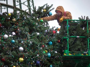 Workers at Rorison Industrial Electric are busy constructing a giant Christmas tree in the heart of this year's bright lights in Jackson Park on Thursday, November 17, 2022.