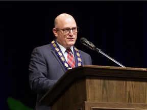 Windsor Mayor Drew Dilkens delivers his inaugural address during the first meeting of the new city council at the Capitol Theatre on Tuesday, Nov. 15, 2022.