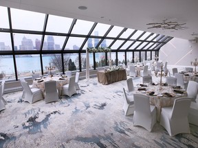 A grand opening was held for the new DoubleTree by Hilton Windsor Hotel & Suites on Tuesday, November 29, 2022. A banquet room overlooking the Detroit river is shown during the event.