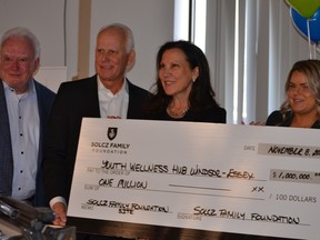 The campaign to raise funds for the new Youth Wellness Hub Windsor Essex kicked off Tuesday, Nov. 8, 2022, with a $1-million donation from the Solcz Family Foundation, represented by Len Solcz, from left, Marty Solcz, Manuela Solcz and Kyrsten Solcz.