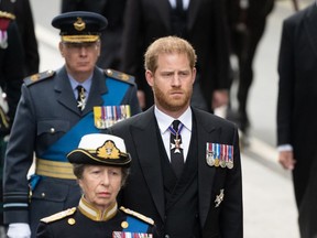Prince Harry takes part during his grandmother Queen Elizabeth's funeral in London, Sept. 19, 2022.