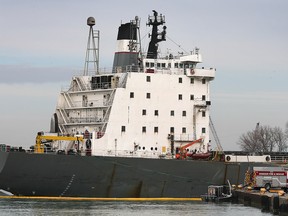 The freighter Tecumseh is shown docked at the Morterm Limited terminal in Windsor on Dec. 16, 2019. The ship caught fire the previous afternoon near Zug Island and was towed to the Canadian shoreline.