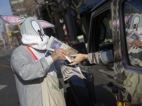 Jamie Tesolin, from the Windsor Fire and Rescue Services, wears a rabbit costume as he collects money for the Windsor Goodfellows at the intersection of Ouellette Avenue and University Avenue, on Thursday, Nov. 24, 2022.