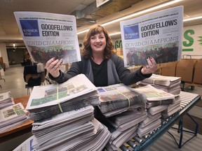 Jennifer Wells, president of the Windsor Goodfellows displays the annual fundraising newspapers on Wednesday, November 23, 2022.