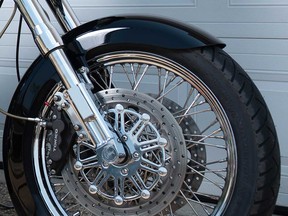 The front forks and wheel of a Harley Davidson motorcycle are shown in this 2021 file photo.