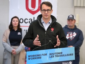 Help for local workers on the eve of big new employment opportunities. Monte McNaughton, Ontario Minister of Labour, Immigration, Training and Skills Development speaks at a press conference at the Unifor Local 444 hall in Windsor on Friday, Nov. 25, 2022.