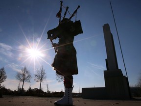Cpl. Rhea Hodgins-Kochanowski, piper with The Essex and Kent Scottish is shown at the LaSalle Cenotaph Park on Wednesday, November 2, 2022.