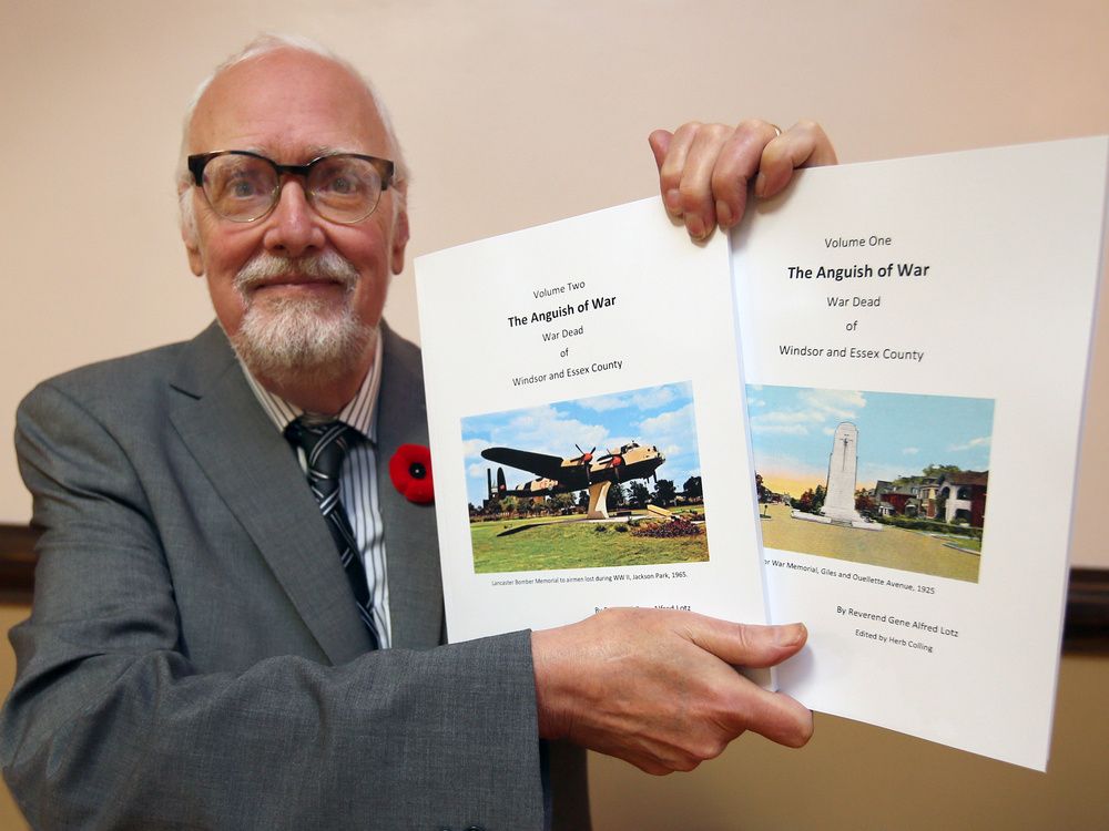 Local author Gene Lotz displays The Anguish of War, a two-volume collection of short bio sketches of every Windsor and Essex County soldier killed in uniform from Boer War to Afghanistan.