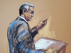 Attorney Michael van der Veen makes opening statements during the Trump Organization's criminal tax trial in Manhattan Criminal Court, New York City, U.S., October 31, 2022 in this courtroom sketch.
